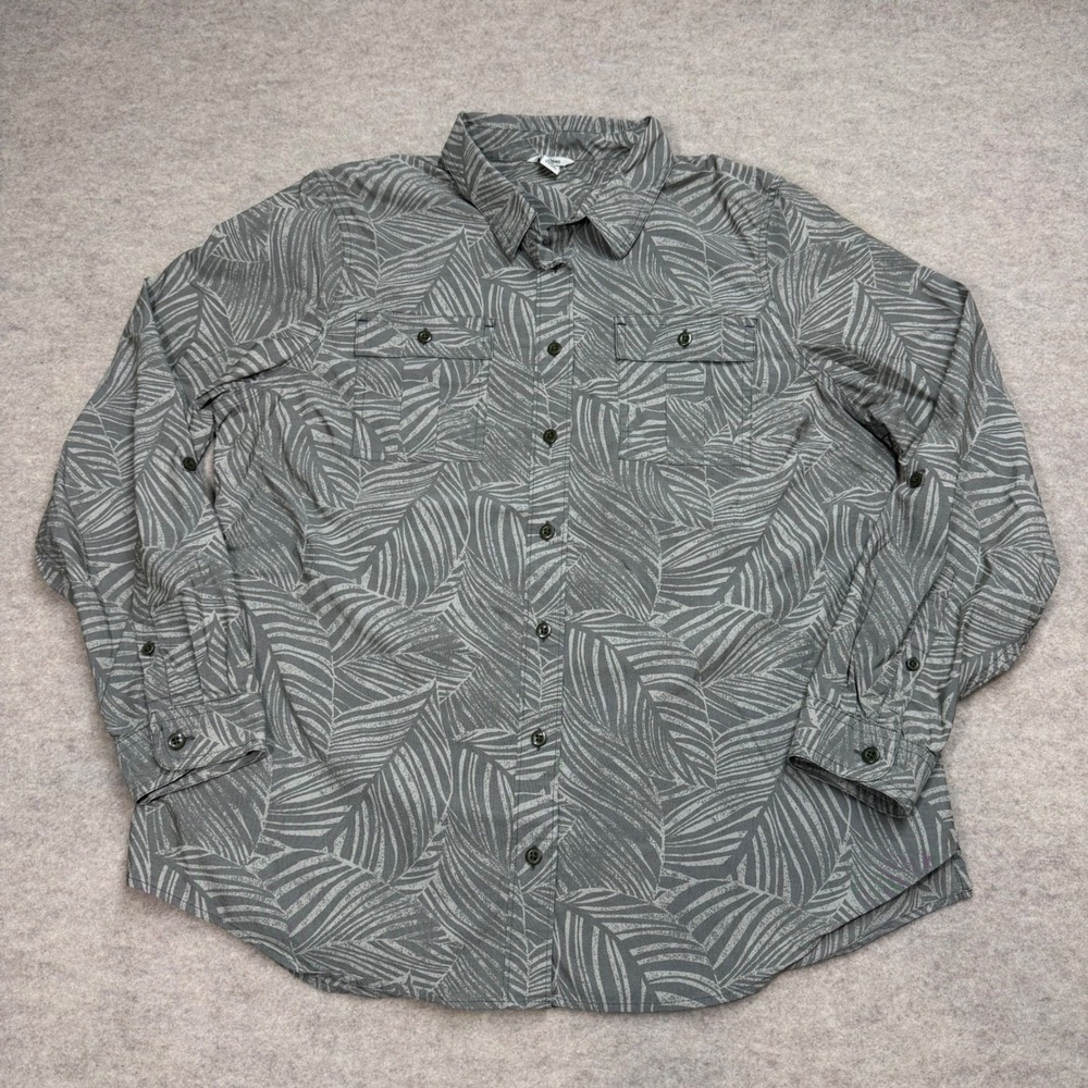 LL Bean Womens Large Grey Tropical Palm Leaf Coolmax Button Down Shirt Pockets